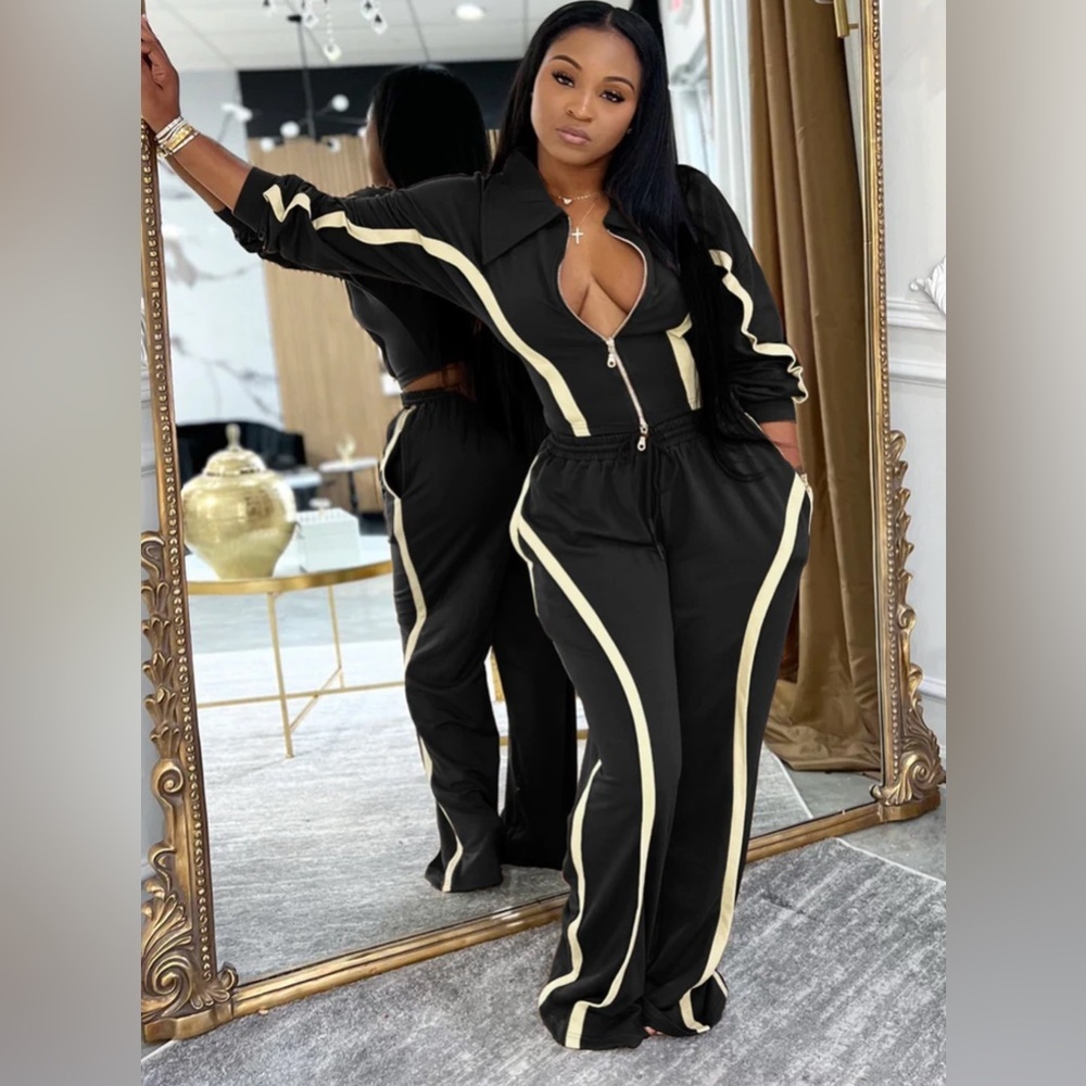 Retro collar jacket and fitted wide leg jogger pants (black)